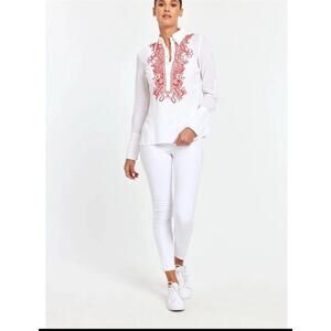 Dolce Cabo White Red Embroidered Button Down M Medium Top Long Sleeve NEW